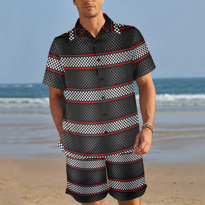 Checkered Flag Red Line Style Men's Beach Shirt and Shorts Set