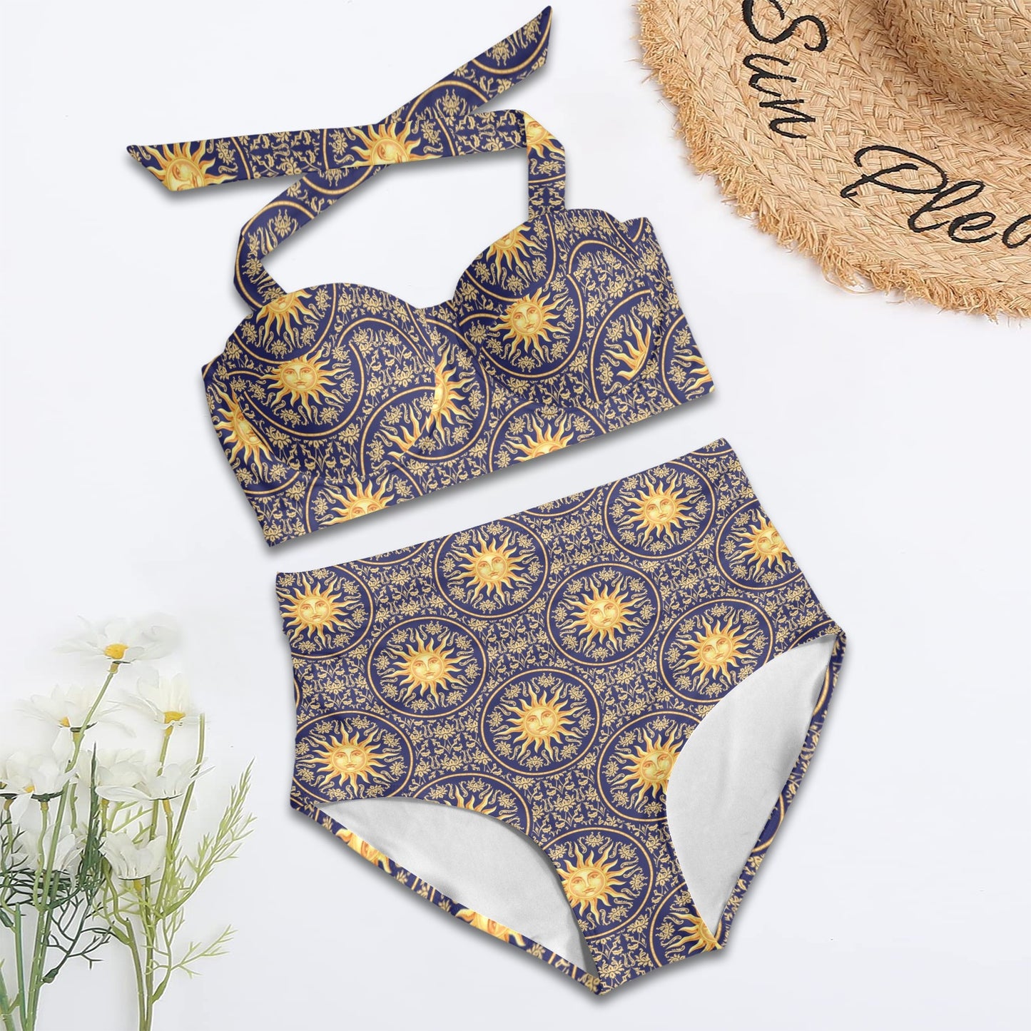 Celestial Gold Sun Face Halter Neck Bikini Swimsuit
