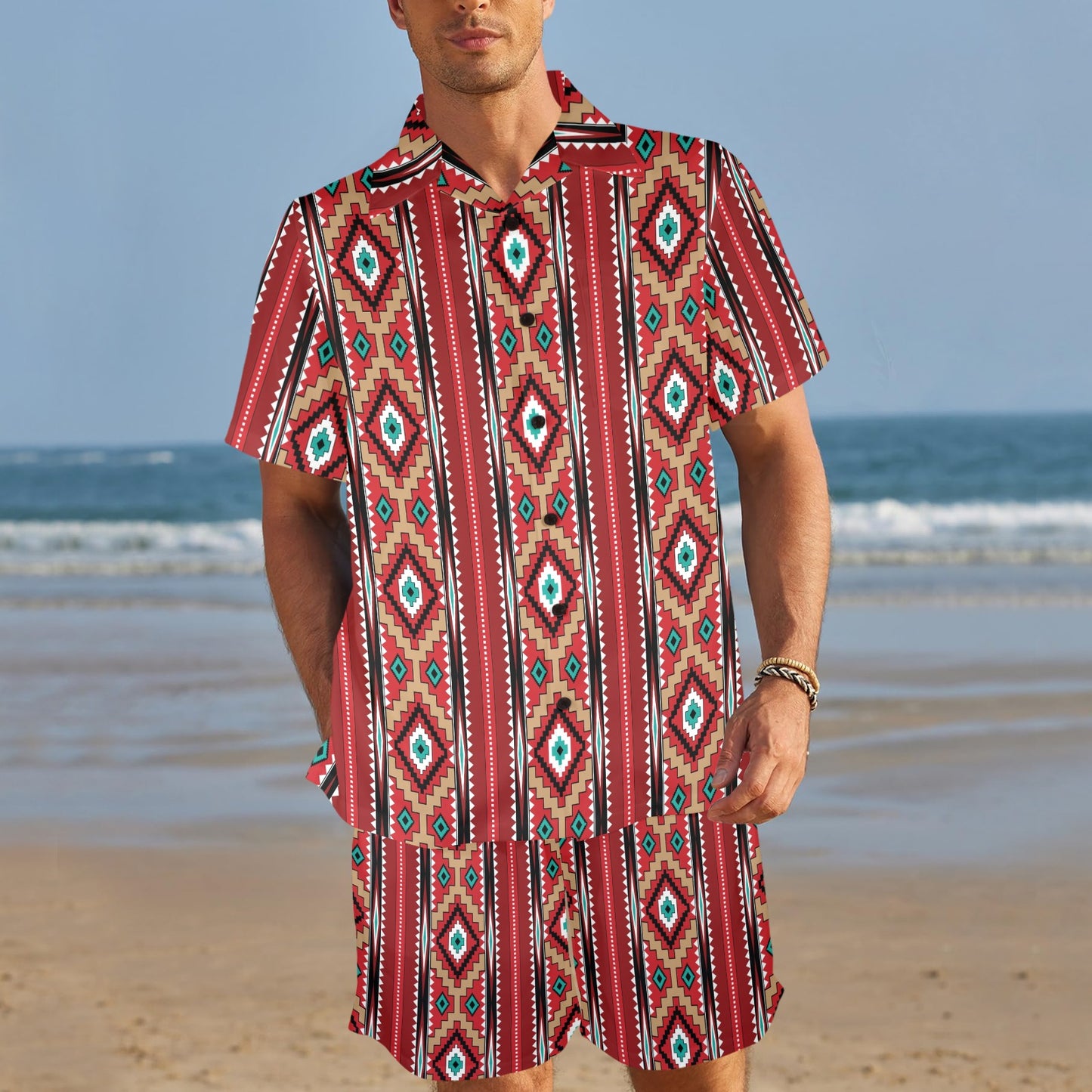 Ethnic Design Print Pattern JJ0136 Men's Beach Shirt and Shorts Set
