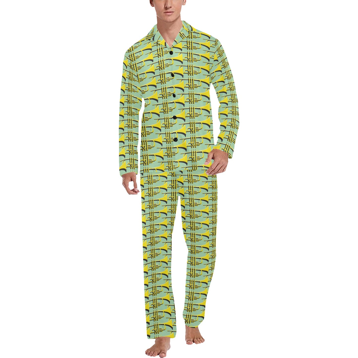 Trumpet Vintage Design Print Men's Long Pajama Set