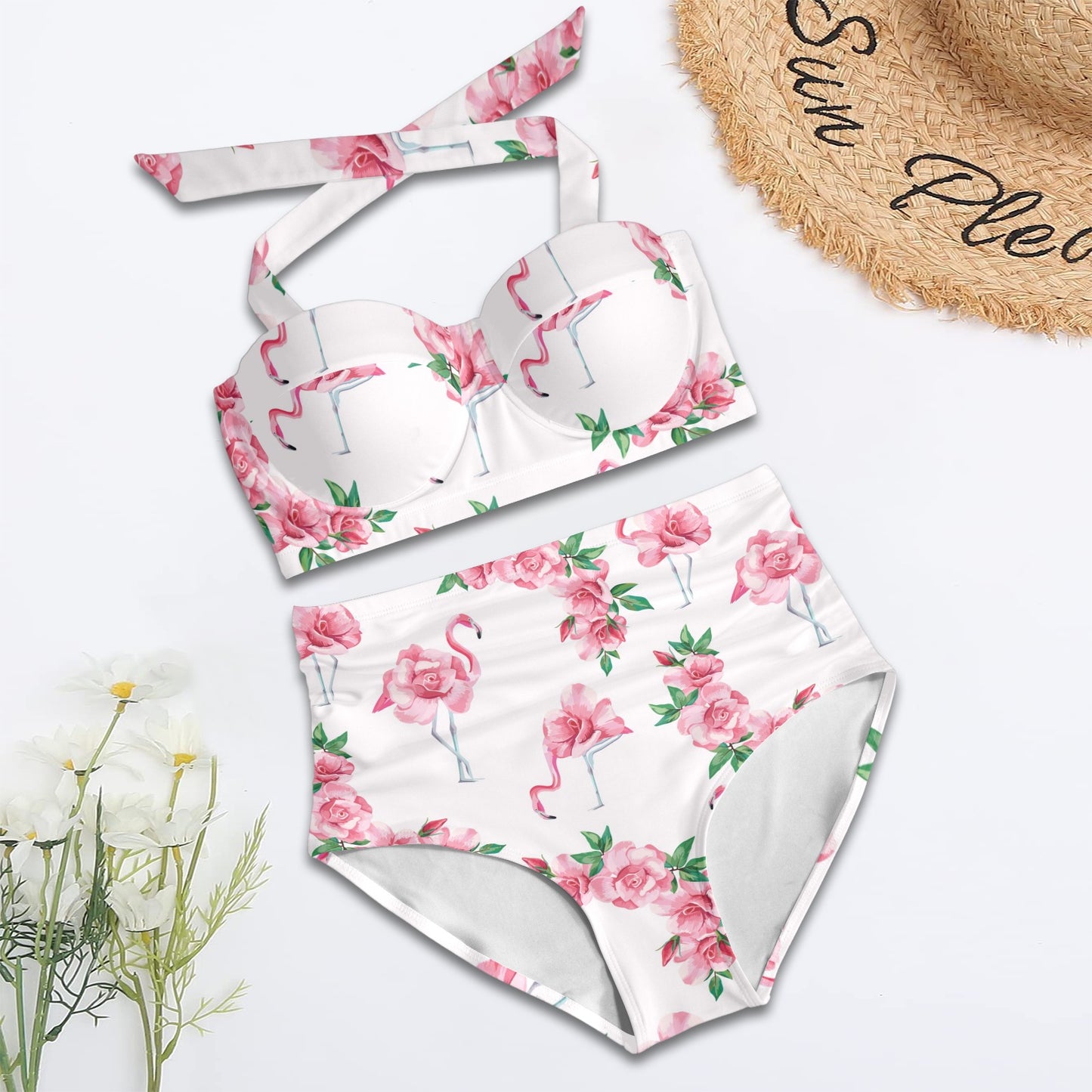 Flamingo Rose Pattern Halter Neck Bikini Swimsuit