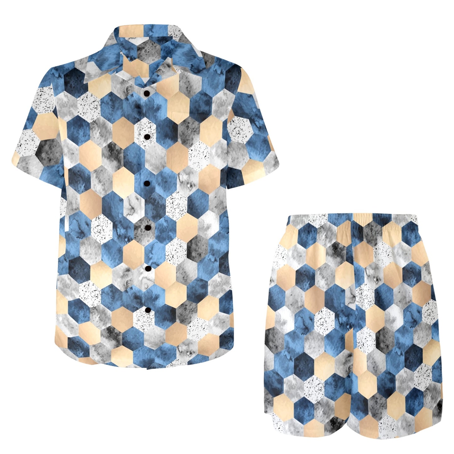 Hexagonal Design Print Pattern JJ0345 Men's Beach Shirt and Shorts Set
