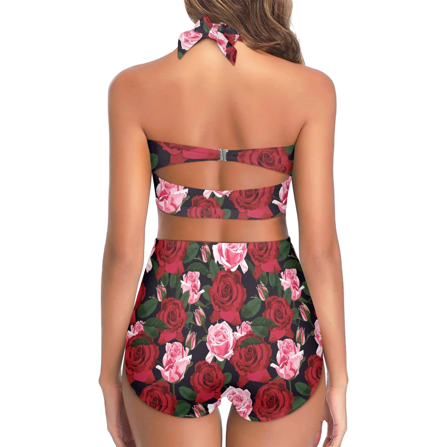 Rose Red Pink Pattern Print Design RO01 Halter Neck Bikini Swimsuit