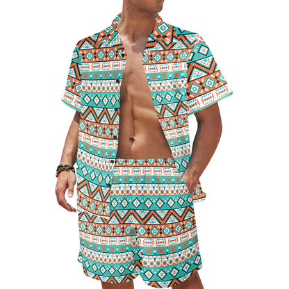 Navajo Style Print Pattern Men's Beach Shirt and Shorts Set