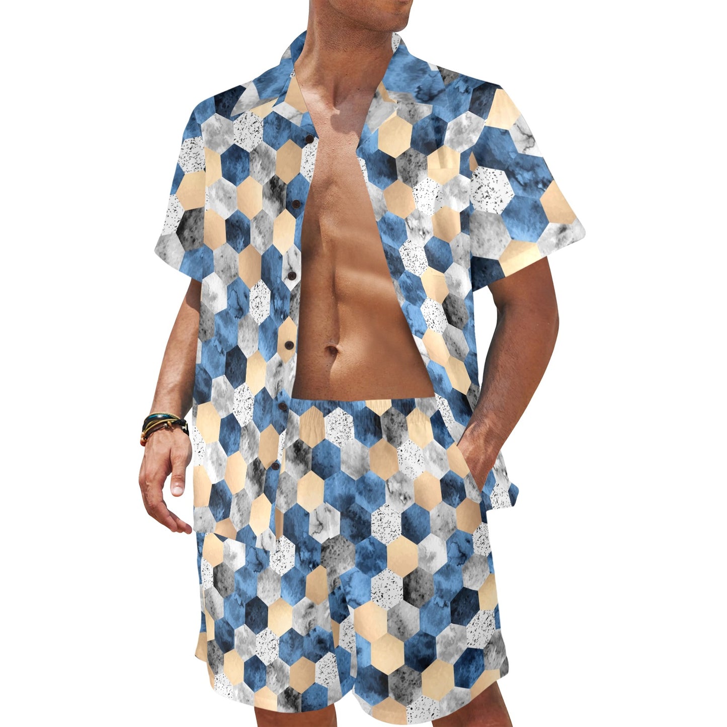 Hexagonal Design Print Pattern JJ0345 Men's Beach Shirt and Shorts Set
