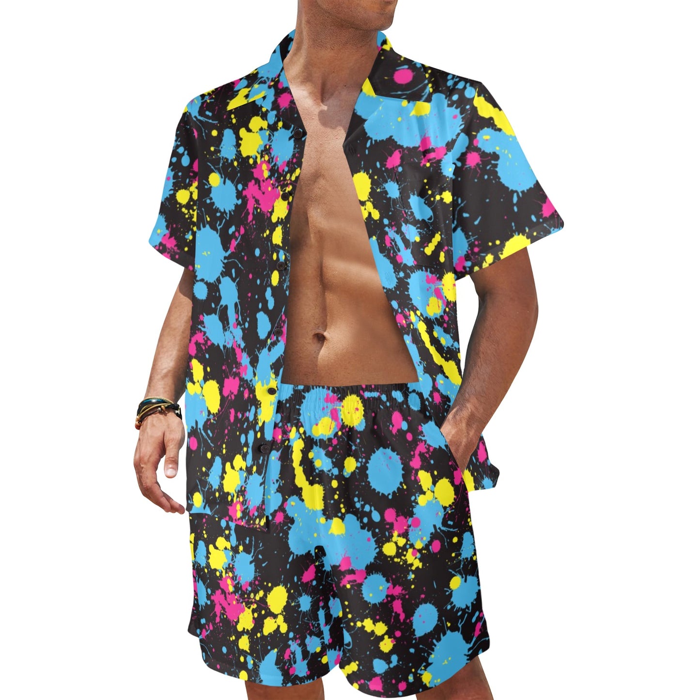 Splatter Colorful Print Design LKS301 Men's Beach Shirt and Shorts Set