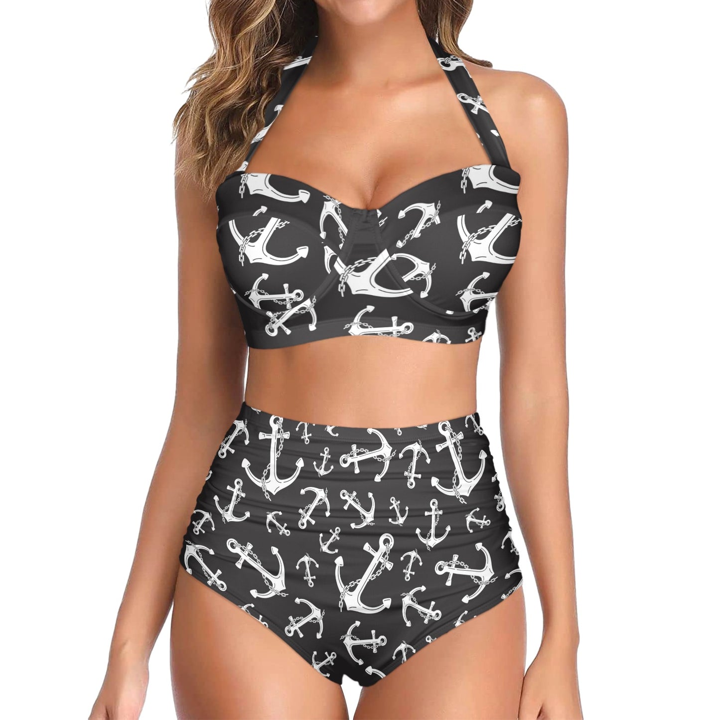 Anchor Black White Halter Neck Bikini Swimsuit