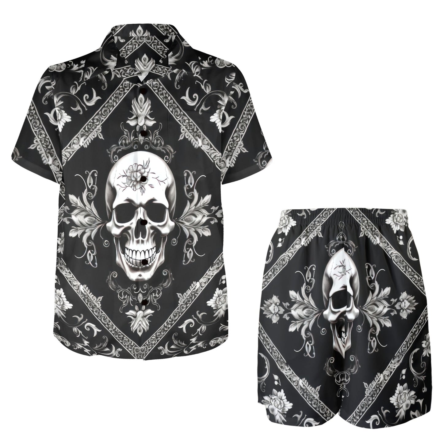 Bandana Black Style with Skull Men's Beach Shirt and Shorts Set