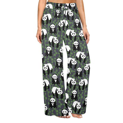 Panda Bear Bamboo Themed Print Women's Wide Leg Lounge Pants