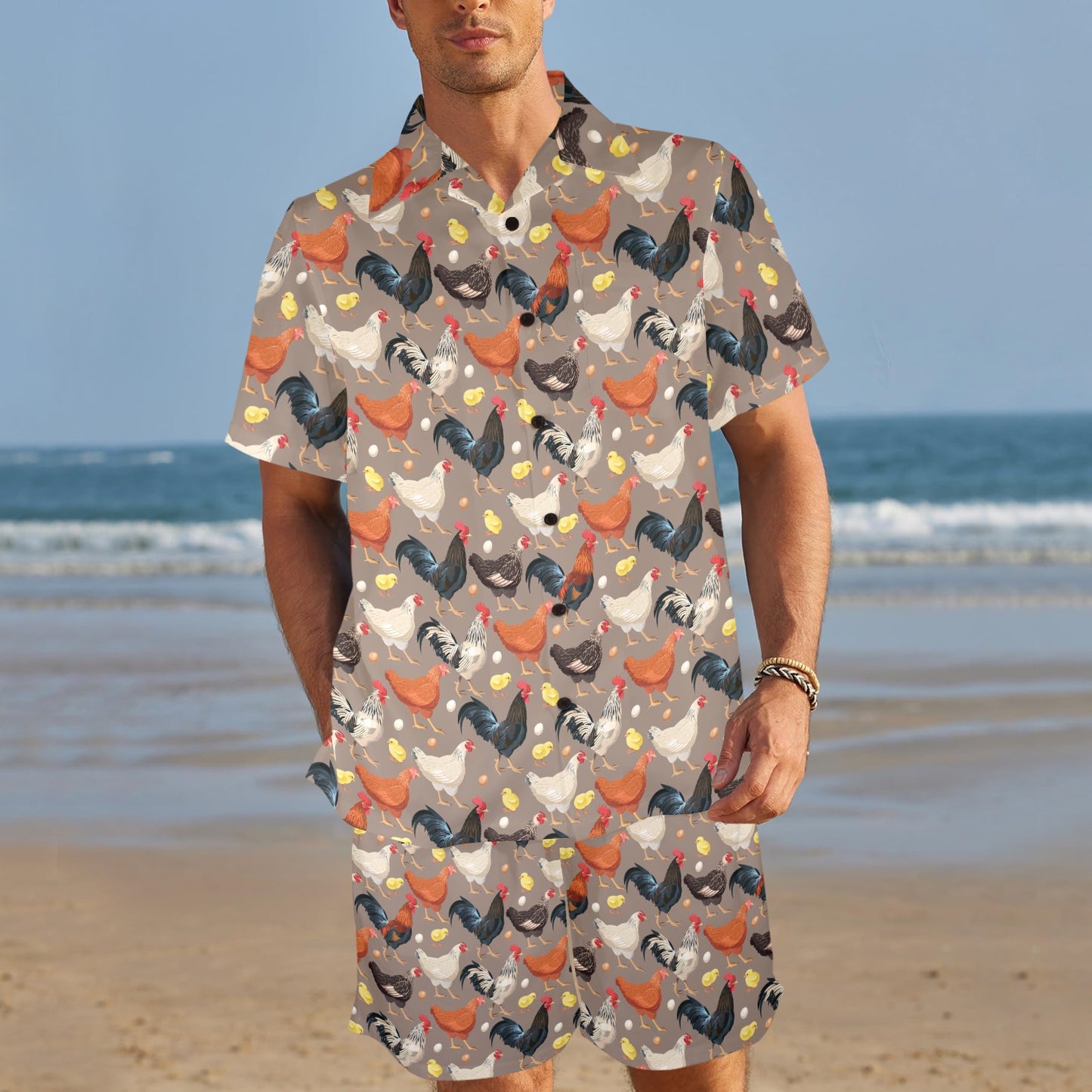 Chicken Evolution Pattern Men's Beach Shirt and Shorts Set