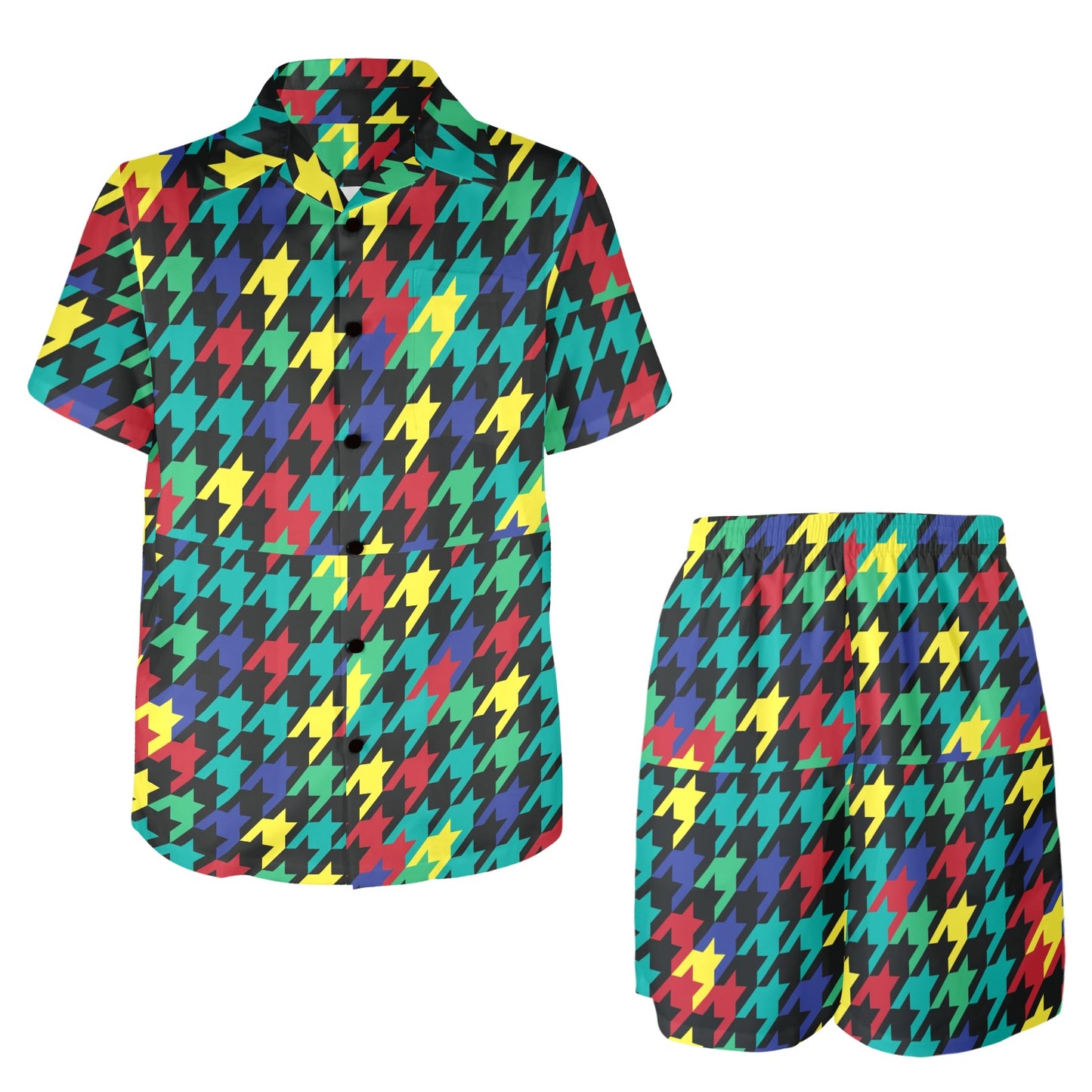 Houndstooth Colorful Pattern Print Design 02 Men's Beach Shirt and Shorts Set