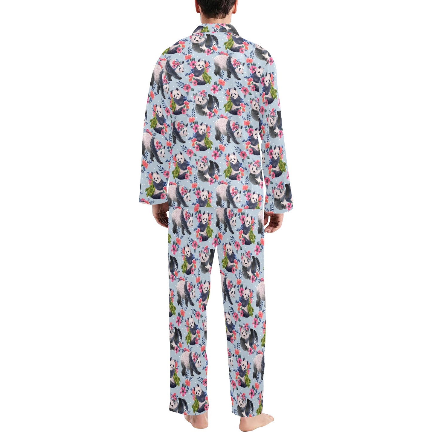 Panda Bear Flower Design Themed Print Men's Long Pajama Set