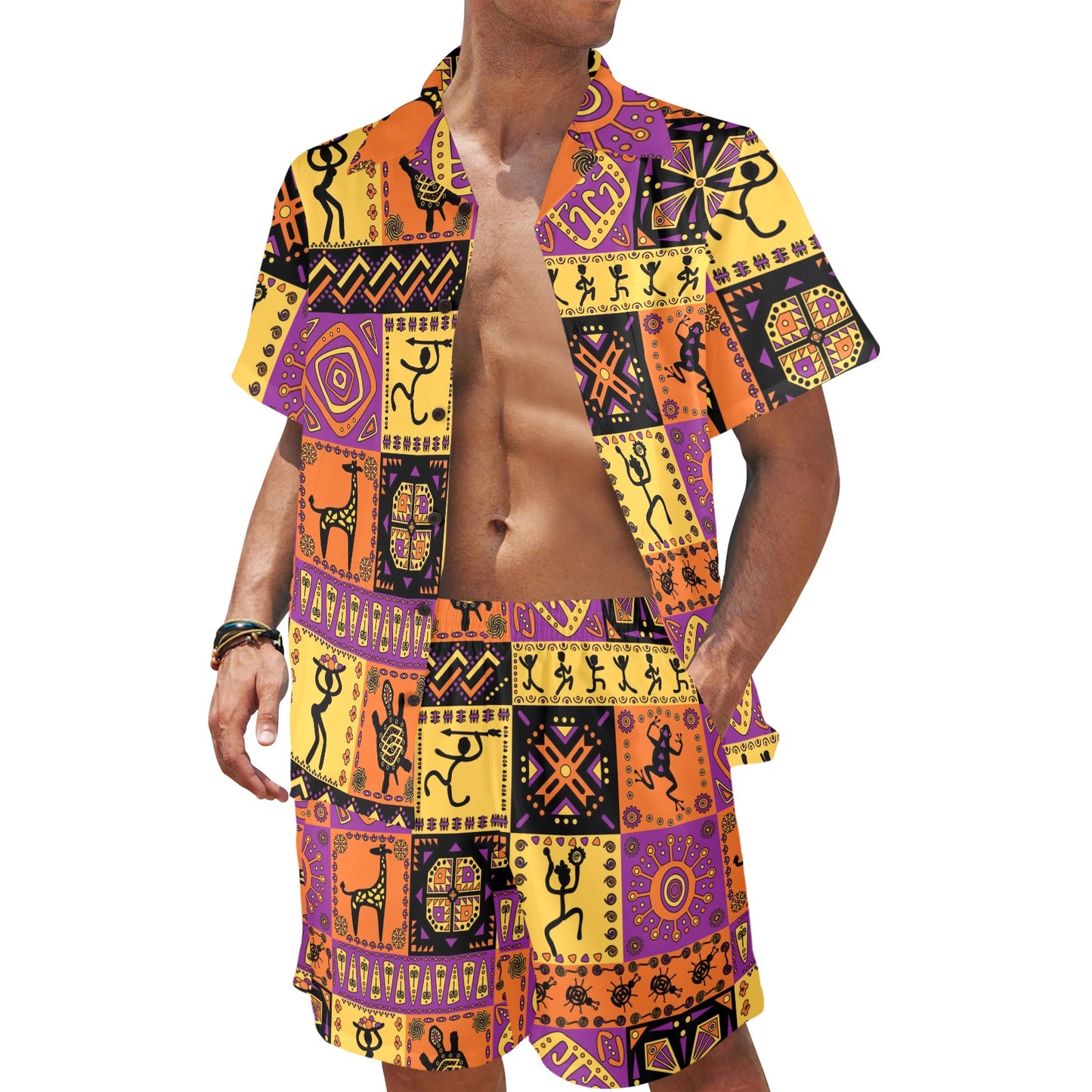 African Pattern Print Design 02 Men's Beach Shirt and Shorts Set