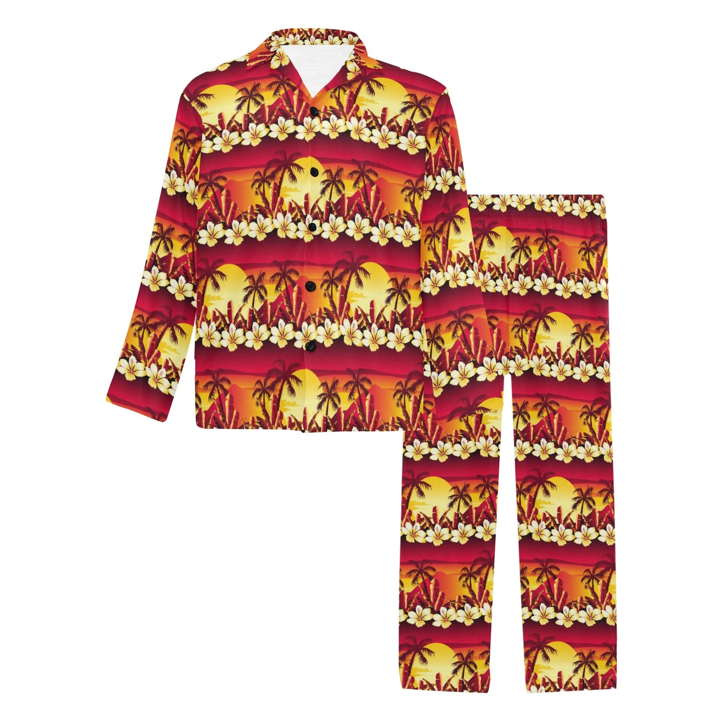 Hawaiian Tropical Sunset Hibiscus Print Men's Long Pajama Set