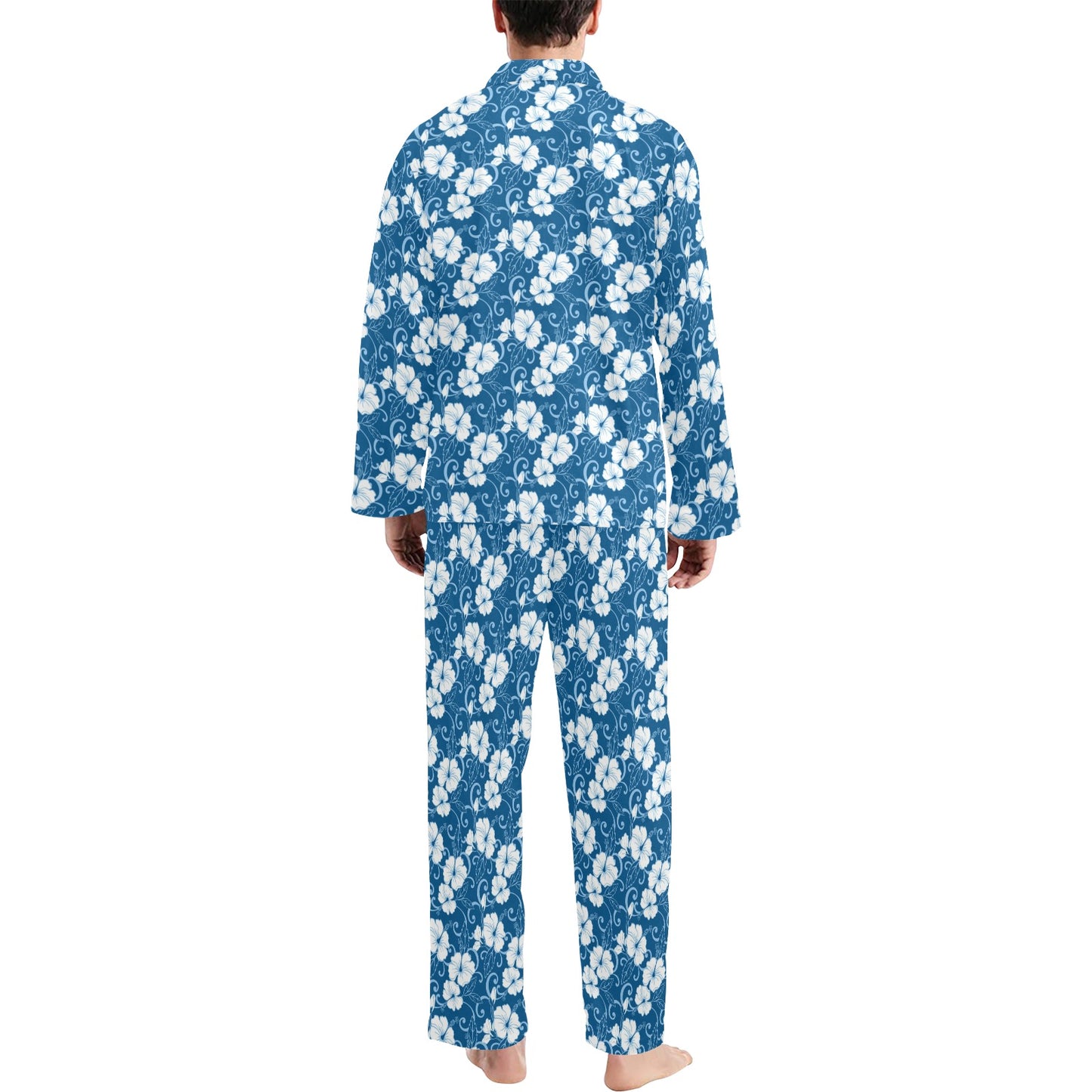 Hibiscus Blue Flower Hawaiian Print Men's Long Pajama Set