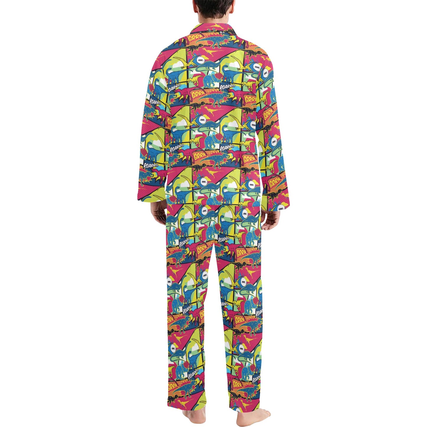 Dinosaur Comic Pop Art Style Men's Long Pajama Set
