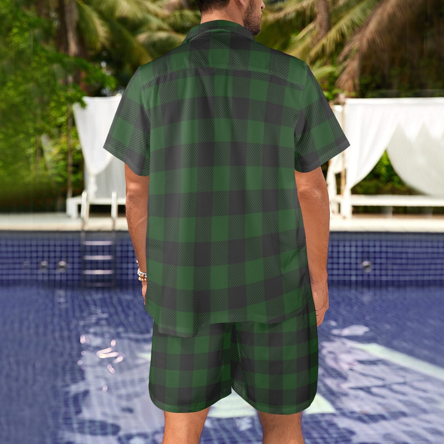 Buffalo check Green Pattern Print Design 02 Men's Beach Shirt and Shorts Set