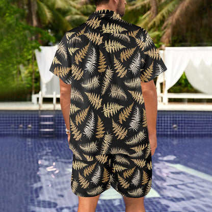 Fern Leave Bright Print Pattern Men's Beach Shirt and Shorts Set