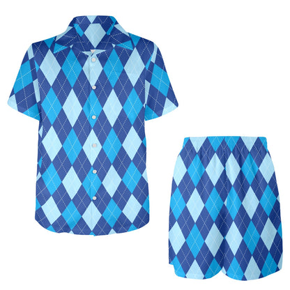Argyle Blue Pattern Print Design 02 Men's Beach Shirt and Shorts Set