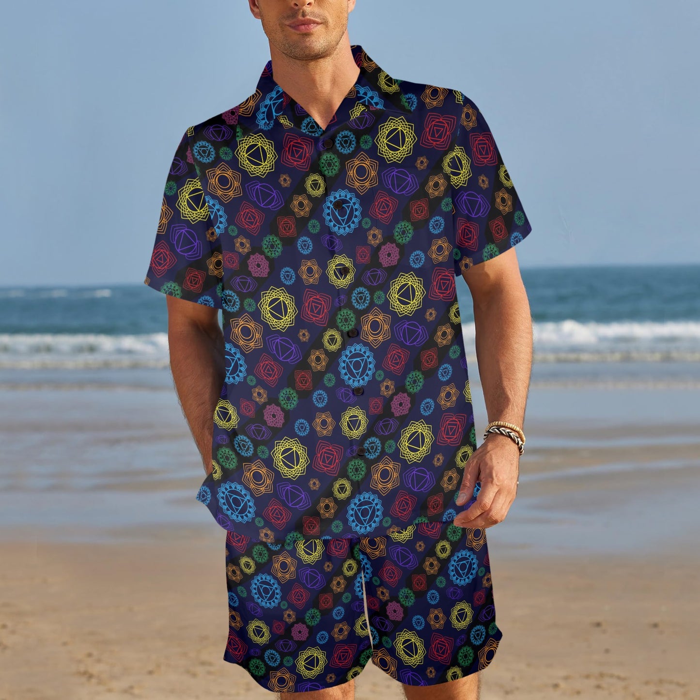 Chakra Colorful Print Pattern Men's Beach Shirt and Shorts Set