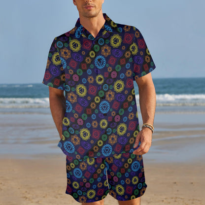 Chakra Colorful Print Pattern Men's Beach Shirt and Shorts Set