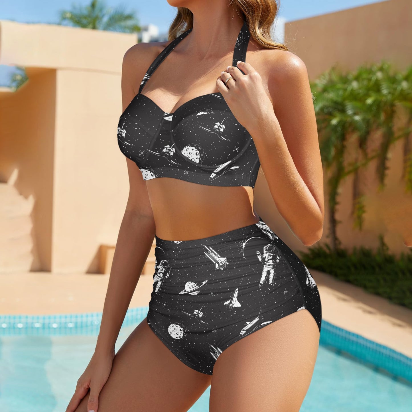 Space Pattern Halter Neck Bikini Swimsuit