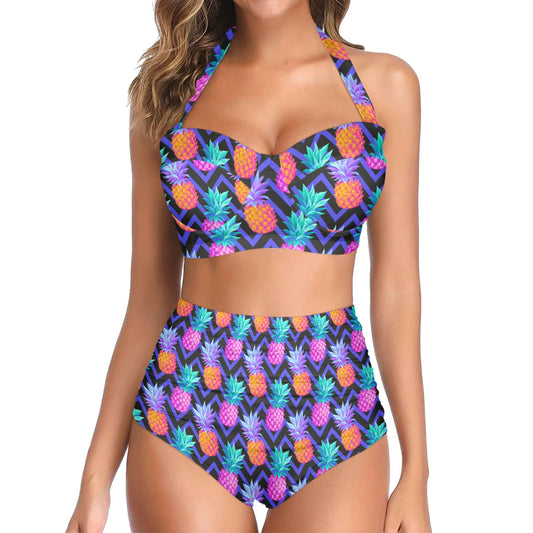 Pineapple Color Art Pattern Halter Neck Bikini Swimsuit