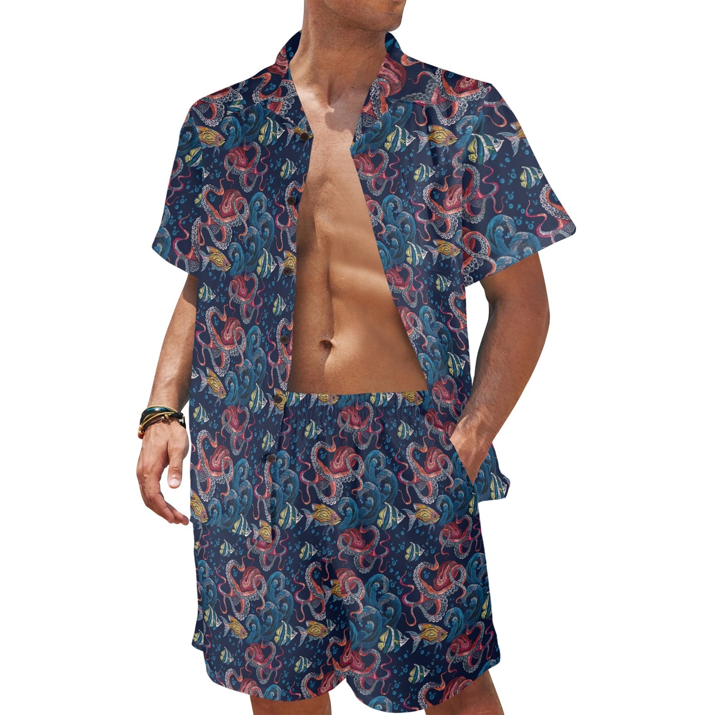 Octopus Deep Sea Print Themed Men's Beach Shirt and Shorts Set