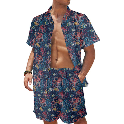 Octopus Deep Sea Print Themed Men's Beach Shirt and Shorts Set