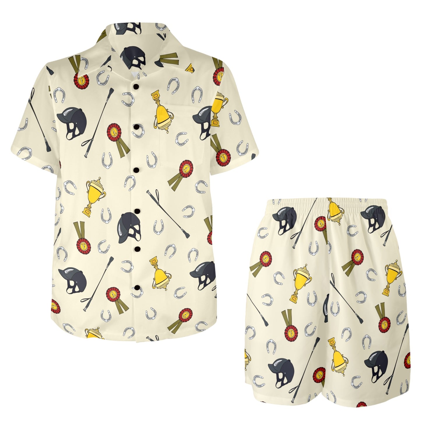 Equestrian Horseshoe Equipment Men's Beach Shirt and Shorts Set