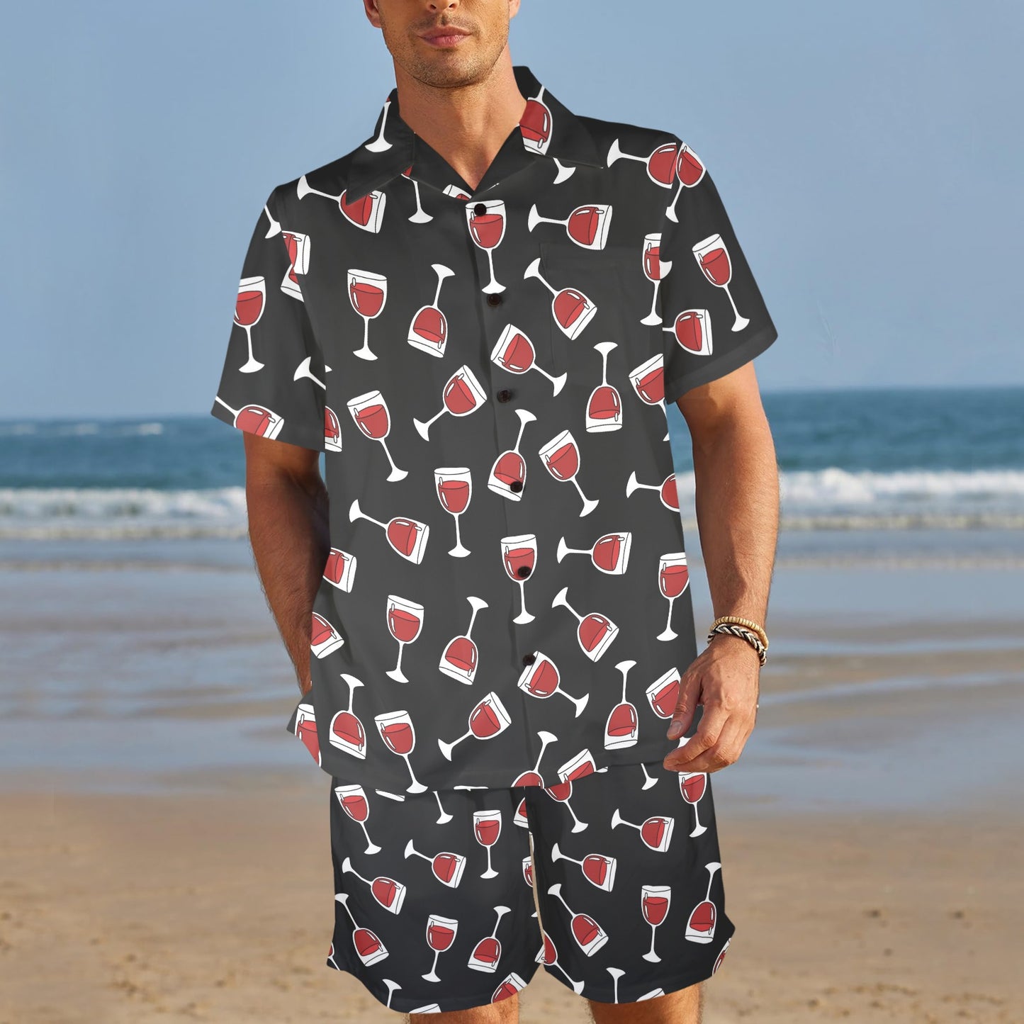 Wine Glass Print Design LKS303 Men's Beach Shirt and Shorts Set