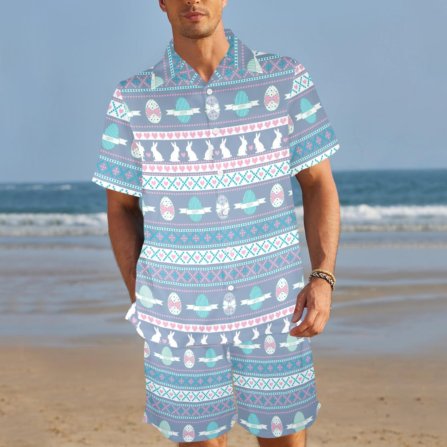 Easter Eggs Pattern Print Design RB013 Men's Beach Shirt and Shorts Set