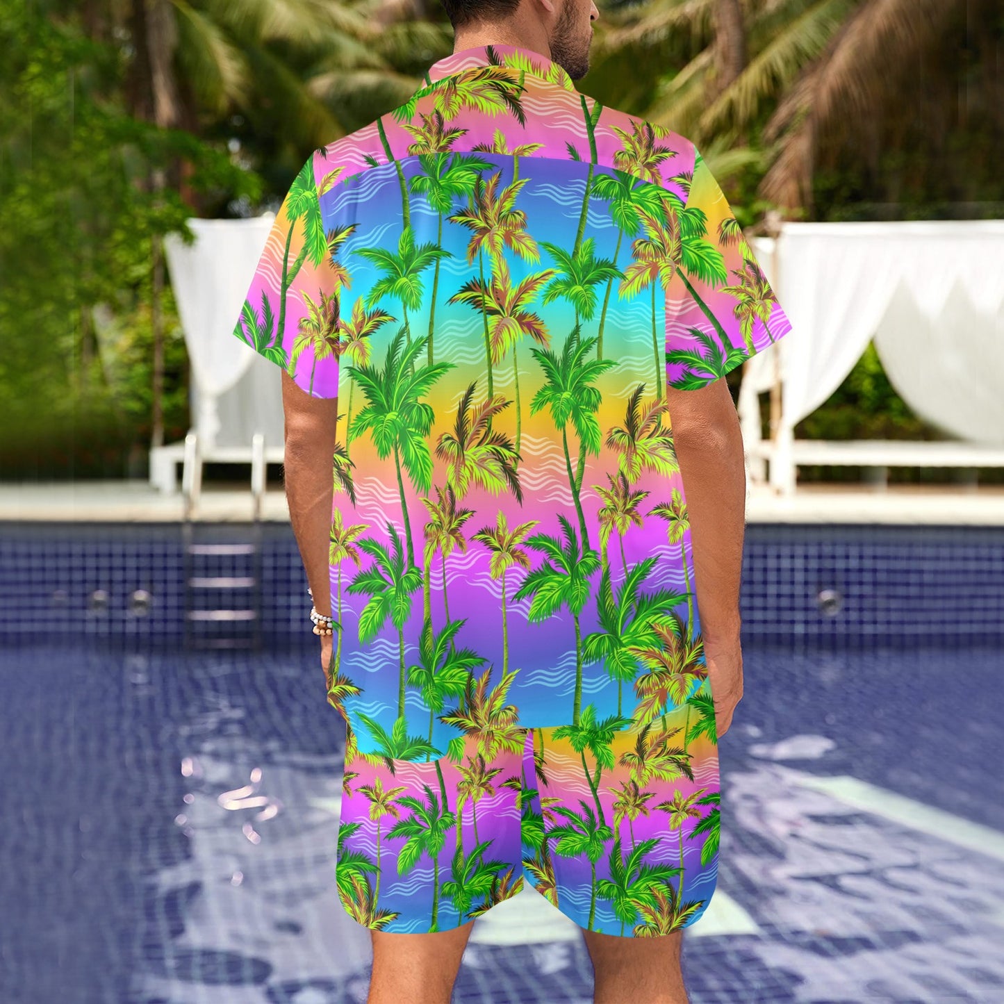 Palm Tree Rainbow Pattern Men's Beach Shirt and Shorts Set