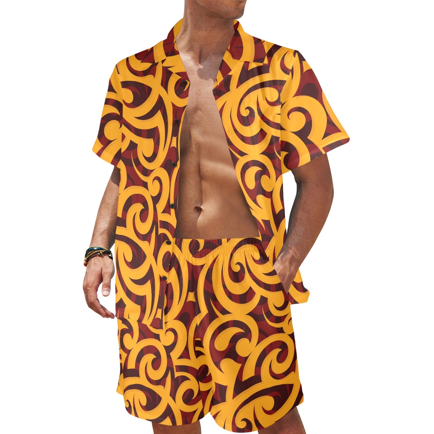 Maori Pattern Print Design 02 Men's Beach Shirt and Shorts Set
