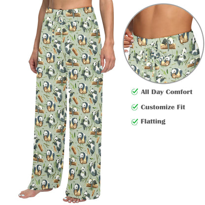 Panda Bear Design Bamboo Print Women's Wide Leg Lounge Pants