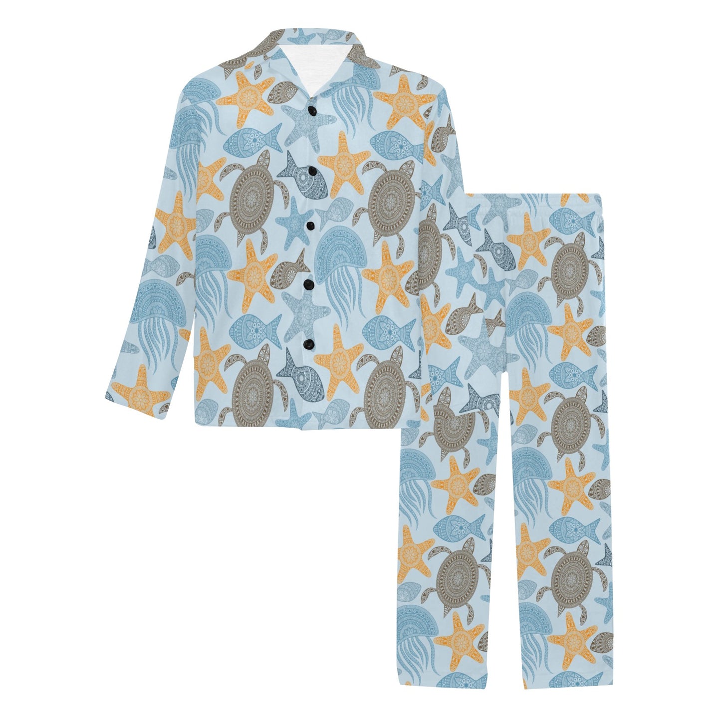Polynesian Jellyfish Turtle Print Men's Long Pajama Set