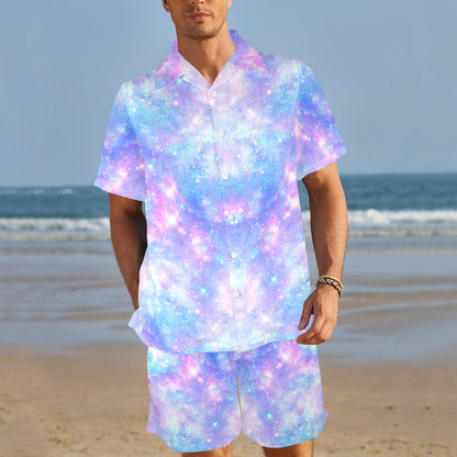 Galaxy Stardust Pastel Color Print Men's Beach Shirt and Shorts Set