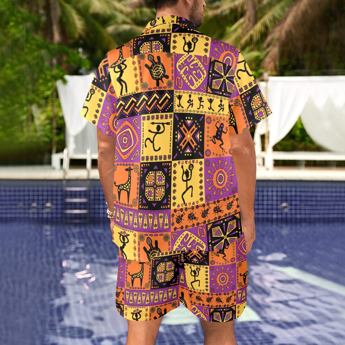 African Pattern Print Design 02 Men's Beach Shirt and Shorts Set
