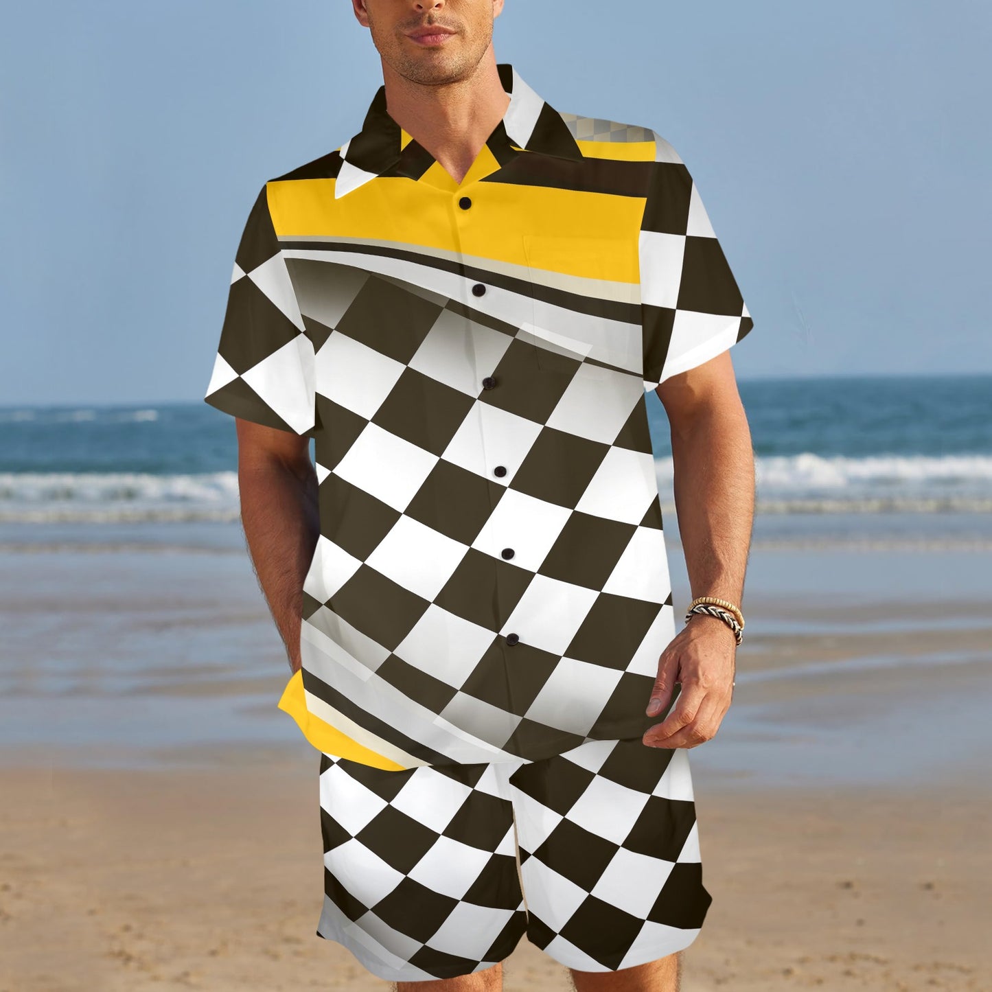 Checkered Flag Racing Style Men's Beach Shirt and Shorts Set