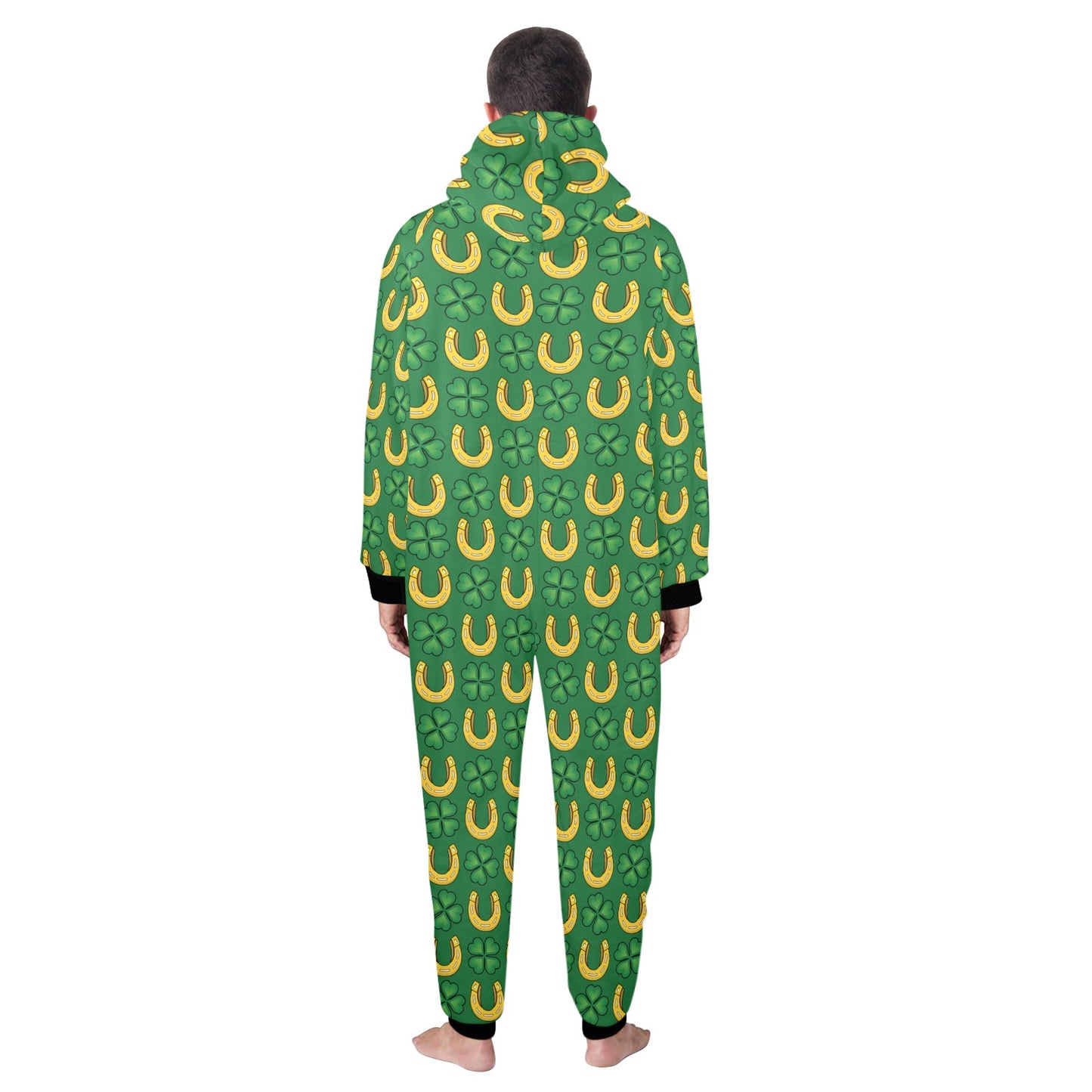 Shamrock Horseshoes Print Pattern Hooded Fleece Onesie Pajama Jumpsuit