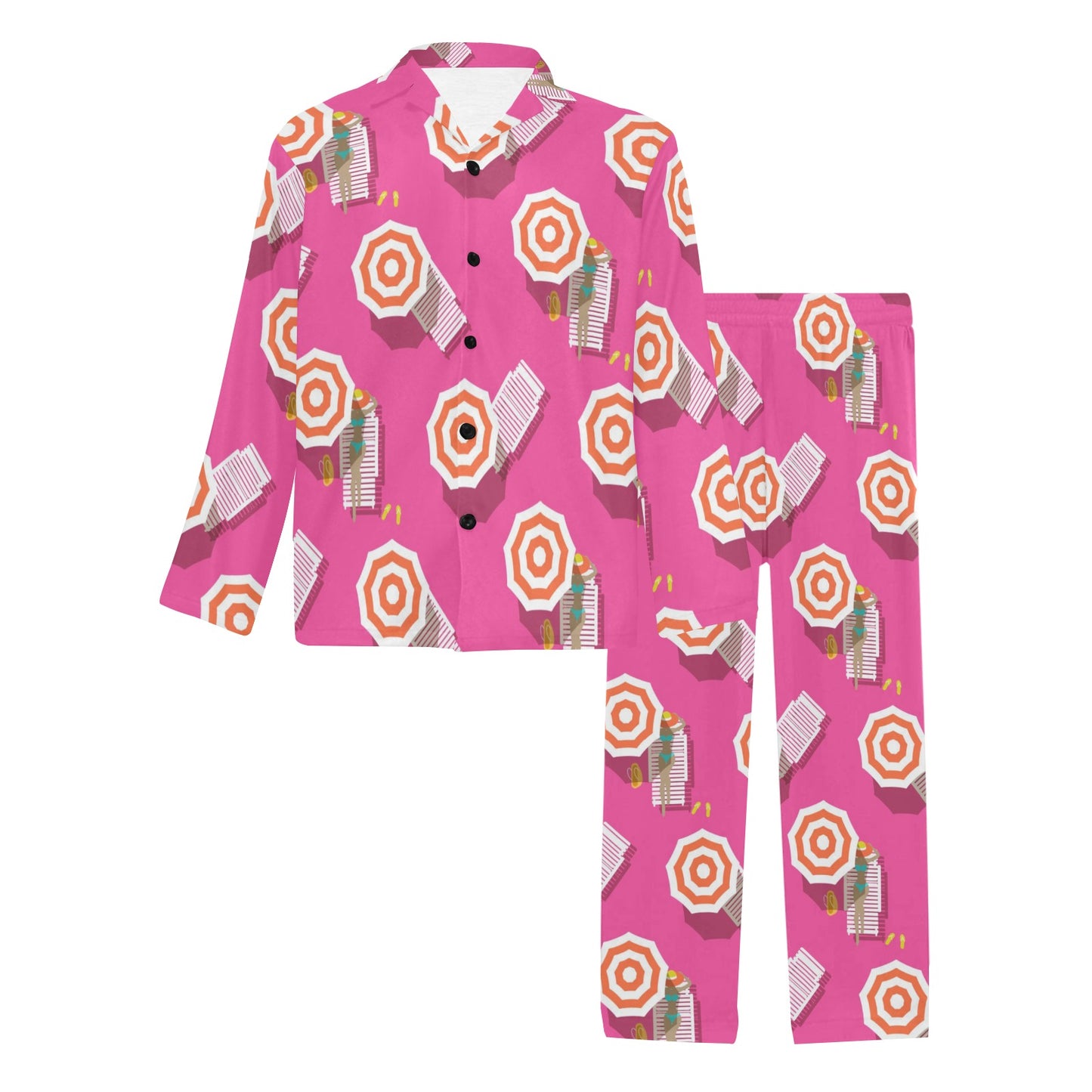 Beach Top View Umbrella Theme Men's Long Pajama Set