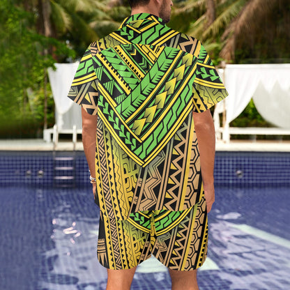 Polynesian Tribal Color Men's Beach Shirt and Shorts Set