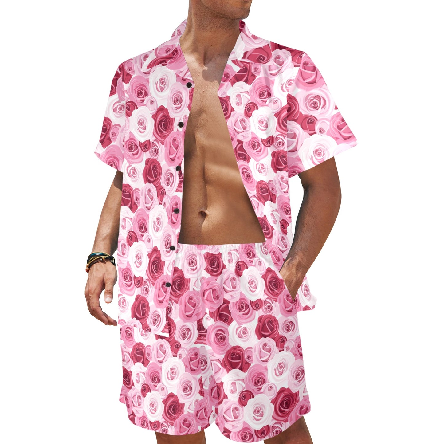 Pink Red Rose Pattern Print Men's Beach Shirt and Shorts Set