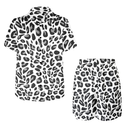 Snow Leopard Skin Print Men's Beach Shirt and Shorts Set