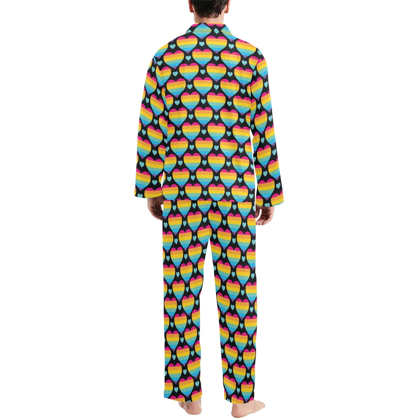 Rainbow Heart Print Pattern Men's Long Pajama Set