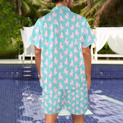 Alpaca Cartoon Design Themed Print Men's Beach Shirt and Shorts Set