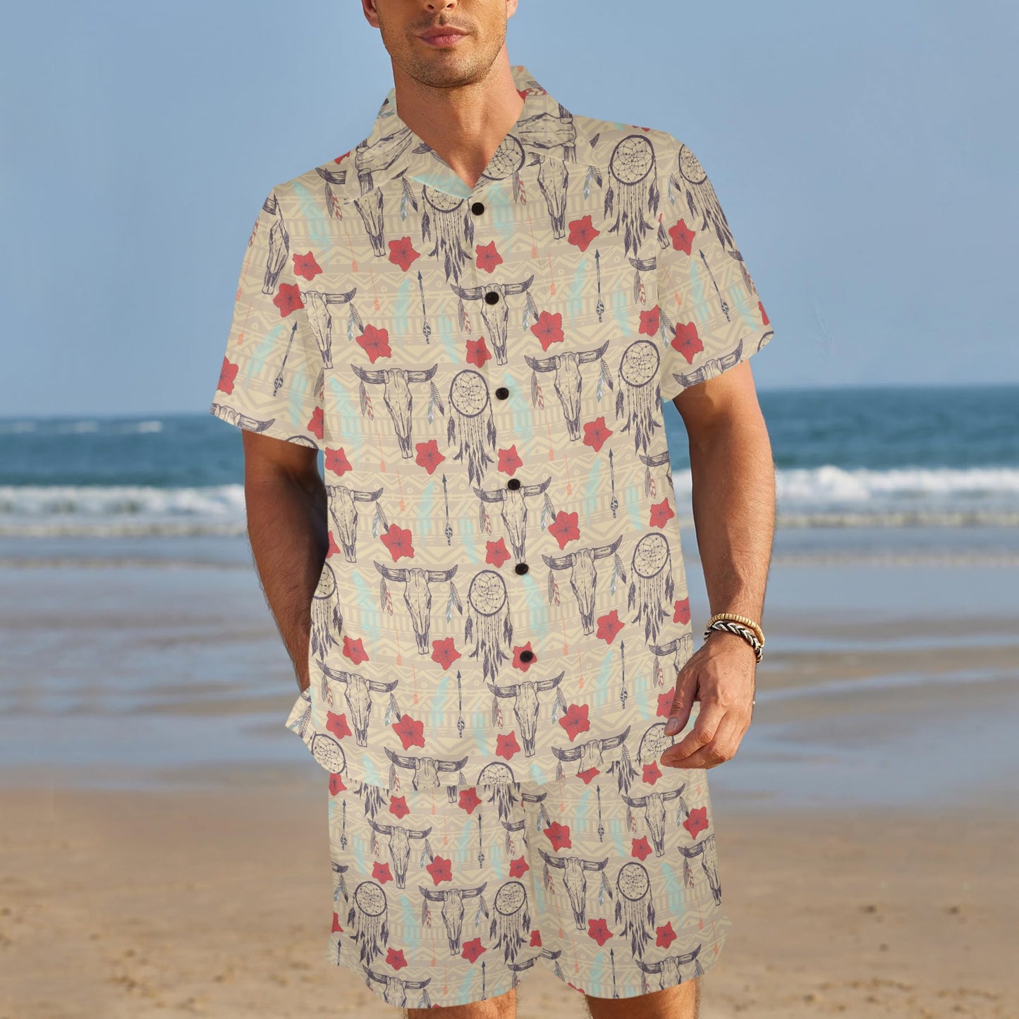 Native Buffalo Head Themed Design Print Men's Beach Shirt and Shorts Set