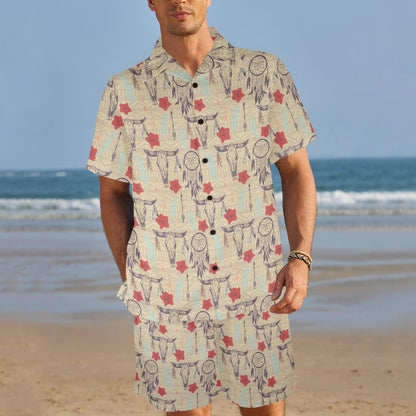 Native Buffalo Head Themed Design Print Men's Beach Shirt and Shorts Set