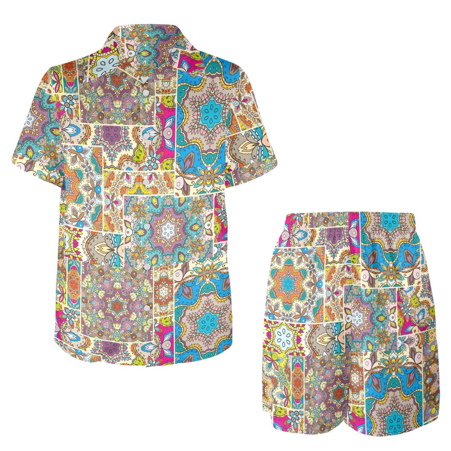 Patchwork Print Design LKS402 Men's Beach Shirt and Shorts Set