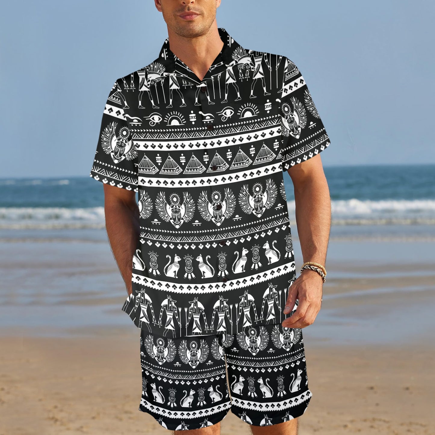 egyptian Design Print Pattern JJ0176 Men's Beach Shirt and Shorts Set